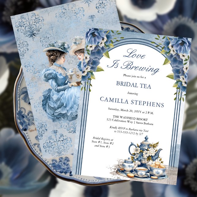 Convites Chá De Chá Floral Azul Elegante (Elegant Blue Floral Tea Set Bridal Shower Tea Party Invitation)