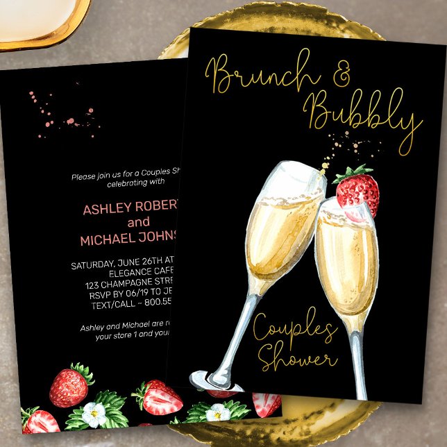 Convites Chá de Champanhe de Morango de Brunch (Brunch & Bubbly Champagne and Strawberries Couples Shower Invitation)