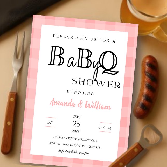 Convites Chá de CHURRASCO de Xadrez Rosa Gingham Casais par (Pink Gingham Plaid BBQ Baby Couples Shower Invitation)