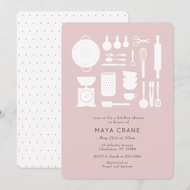 Convites Chá de cozinha moderna Chá de panela rosa (Frente/Verso)