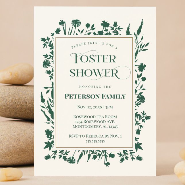 Convites Chá de Cuidados Botânicos Elegante Verde (Forest Green botanical wildflower foster care baby shower invitation customizable Registry QR code )