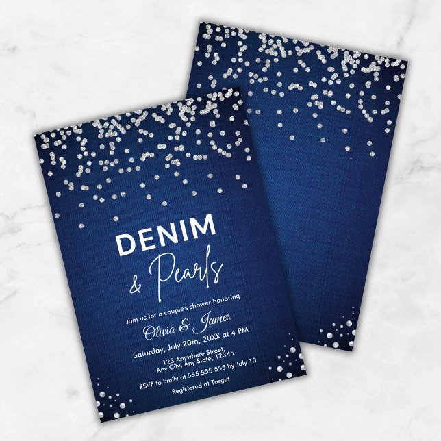 Convites Chá de Denim e Pérolas Elegante Azul (Blue Elegant Denim and Pearls Couple's Shower Invitation     )