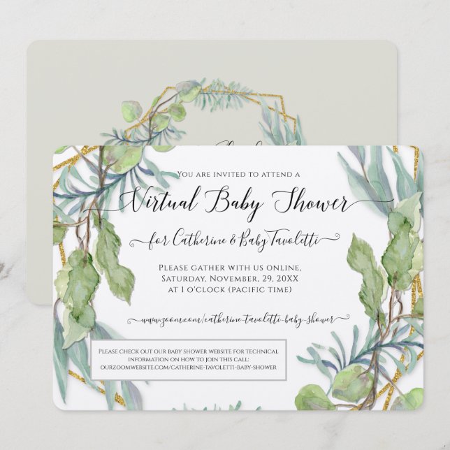 Convites Chá de Eucalyptus Foliage Wreath Virtual Baby Boy (Frente/Verso)