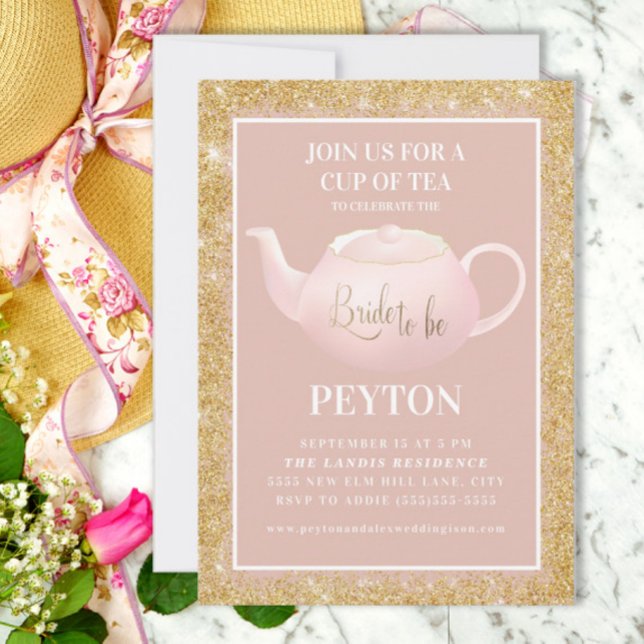 Convites Chá de festa de chá de noiva Dourada, rosa-claro (Cute pink and gold Bridal Shower Tea invitation)