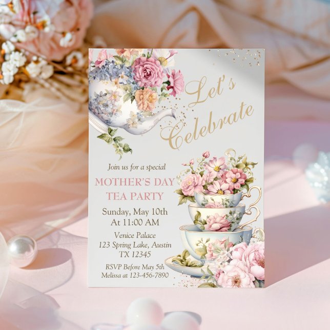 Convites Chá de Floral para Brunch do Dia das Mães (Elegant Floral Mother's Day Tea Party Invitation)