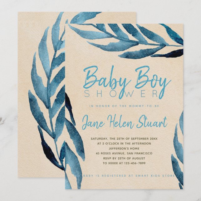 Convites Chá de folhagem azul-oceano bebê bebezinho (Frente/Verso)