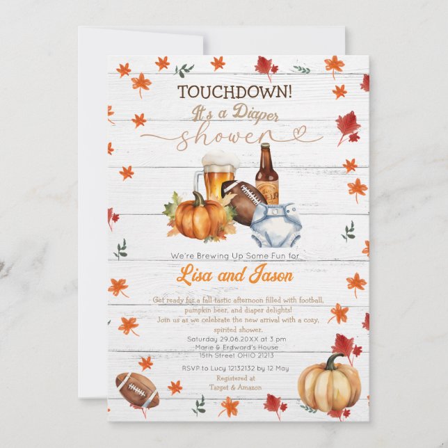 Convites Chá de Fralda de Pumpkin de Futebol de Madeira Bra (Frente)
