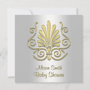 Convites Chá de fraldas 2 da Dourada White Art Deco Damask