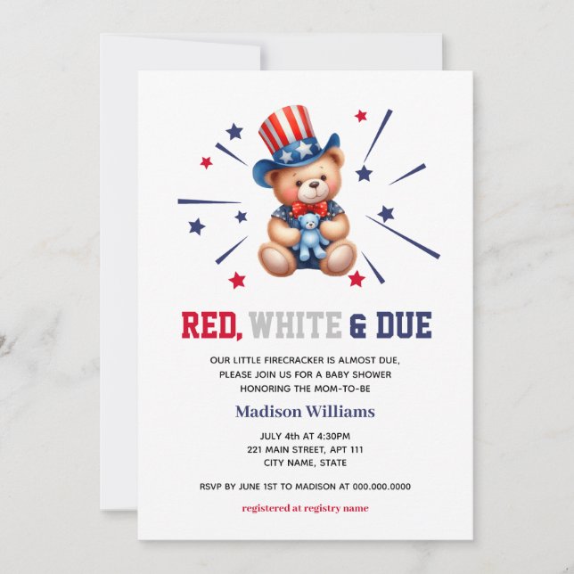 Convites Chá de fraldas 4 De Julho Bear Red White Devido (Frente)