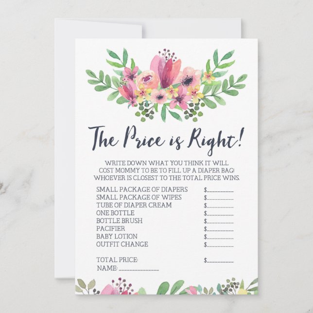 Convites Chá de fraldas adivinha o jogo do preço (Frente)