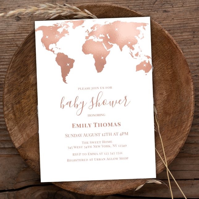 Convites Chá de fraldas Adventure do Viagem Map Dourado ros (Pink Gold World Map Travel Adventure Baby Shower Invitation)