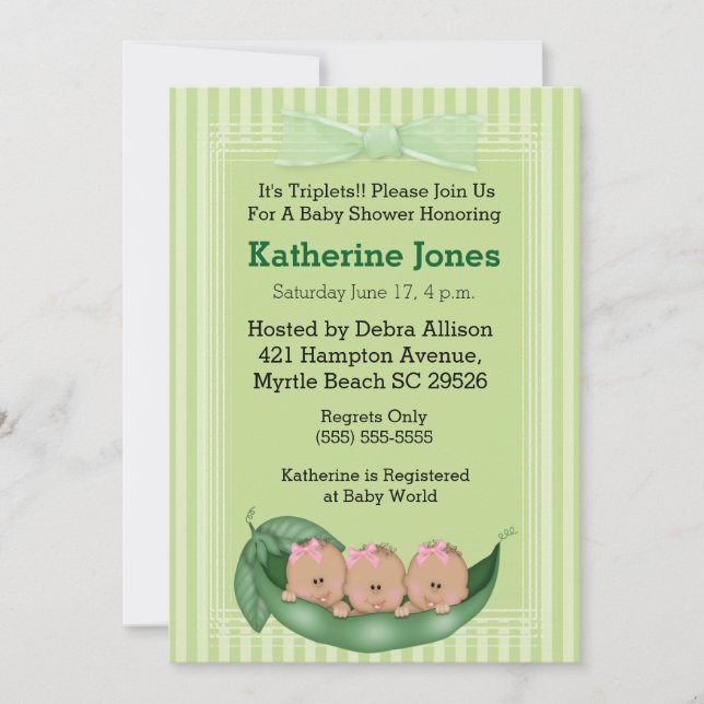 Convites Chá de fraldas Africano-Americano Triplets Girl co (Frente)