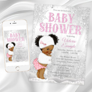 Convites Chá de fraldas Afro Puff Girl Winter Wonderland