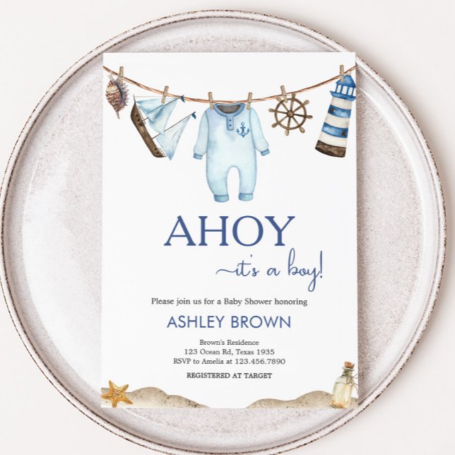 Convites Chá de fraldas Ahoy do Marinheiro Náutico (Nautical Sailor Ahoy Clothesline Baby Shower Invitation)