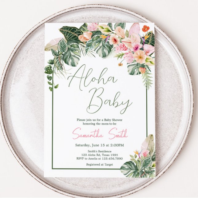 Convites Chá de fraldas Aloha (Aloha Pink Hawaiian Baby Shower Invitation)