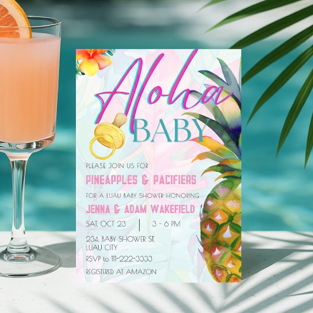 Convites Chá de fraldas Aloha Luau Ananases e Pacificadores (Pineapples Pacifiers Girl Aloha Luau Baby Shower Invitation)