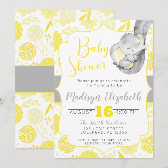 Convites Chá de fraldas Amarelo Dahlias Baby Elephant Boy (Frente/Verso)