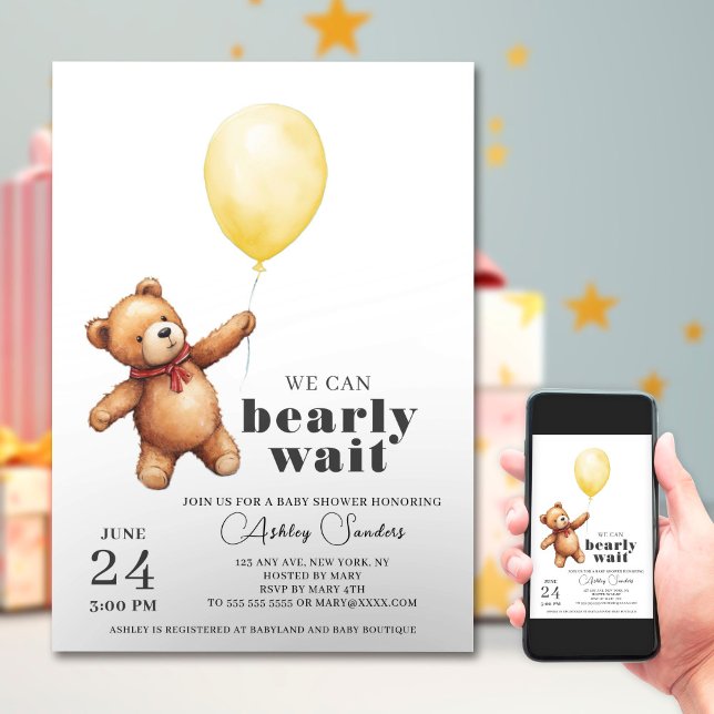 Convites Chá de fraldas Amarelo do Urso de Teddy (Criador carregado)