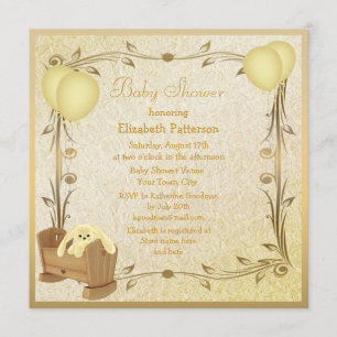 Convites Chá de fraldas Amarelo e Dourado, Crib & Bunny