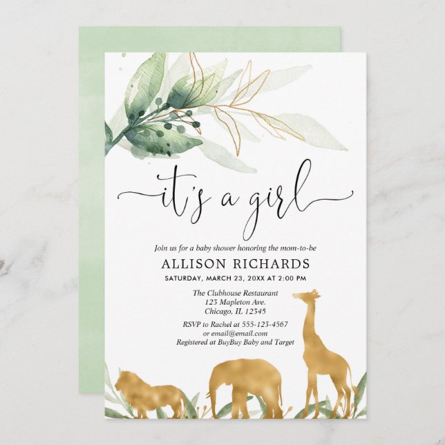 Convites chá de fraldas, animais da selva de safari (Frente/Verso)