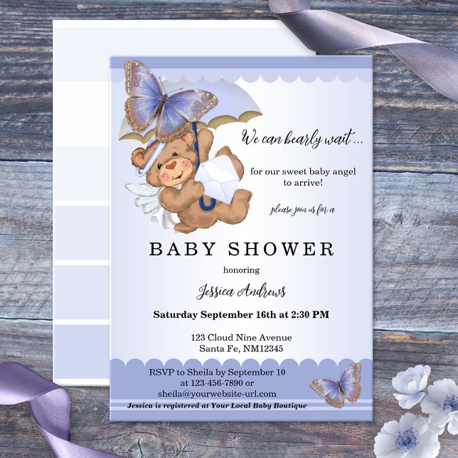 Convites Chá de fraldas Anjo do Urso da Borda da lavanda (A pretty lilac or lavender baby shower invitation with a cute angel bear and butterflies)