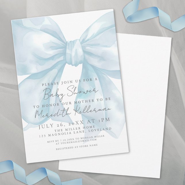 Convites Chá de fraldas Arco Azul Coquette (Coquette Blue Bow Baby Shower Invitation)