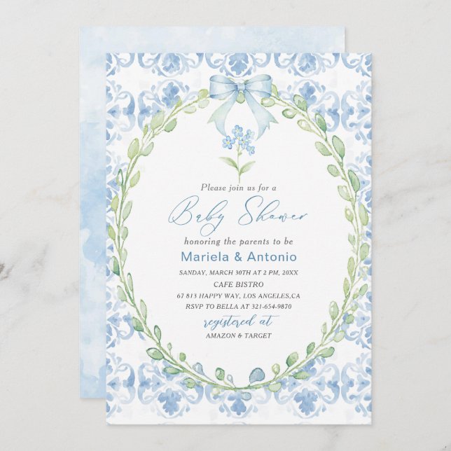 Convites Chá de fraldas Arco Azul Elegante (Frente/Verso)