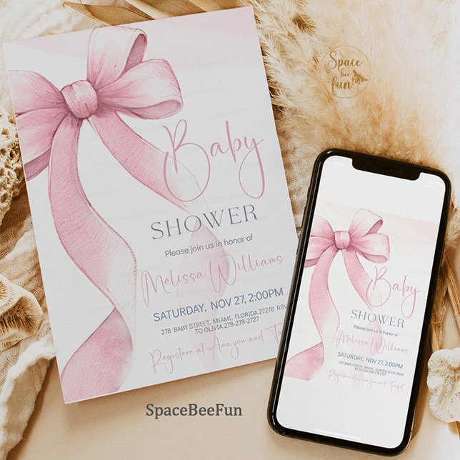 Convites Chá de fraldas arco Coquette Girl (Bow Coquette Girl Baby Shower Invitation, baby shower invitation, girl baby shower, elegant baby sho)