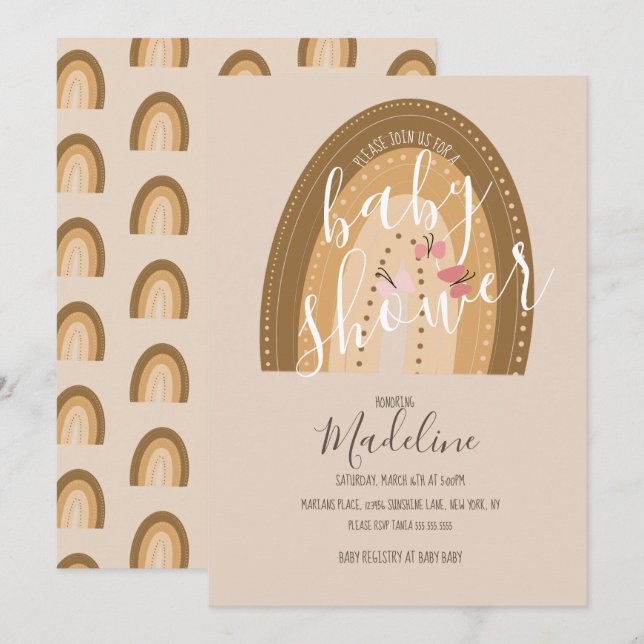 Convites Chá de fraldas Arco-Íris Borboletas Bohemian (Frente/Verso)