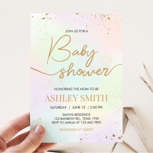 Convites Chá de fraldas arco-íris de água (Pastel Gold Sprinkle Baby Shower Invitation)