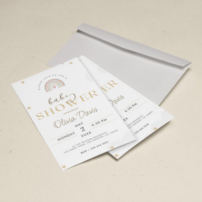 Convites Chá de fraldas Arco-Íris Dourado Branco (Criador carregado)