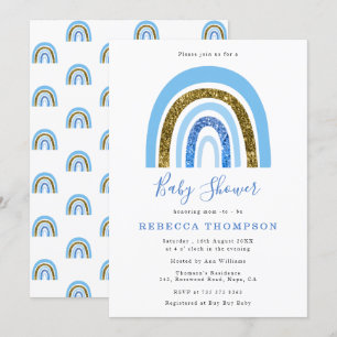 Convites Chá de fraldas Arco-Íris Dourado e azul-claro-bril