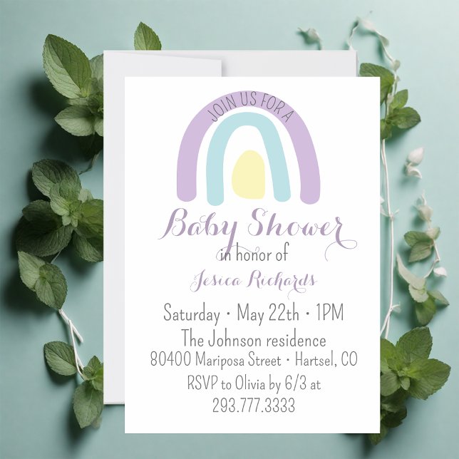 Convites Chá de fraldas arco-íris lilás de aquarela (Criador carregado)