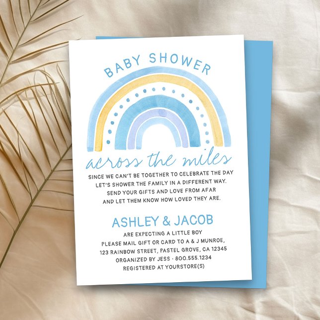 Convites Chá de fraldas Arco-Íris no Azul Miles Boys (Boy baby shower by mail invitation with cute rainbow)