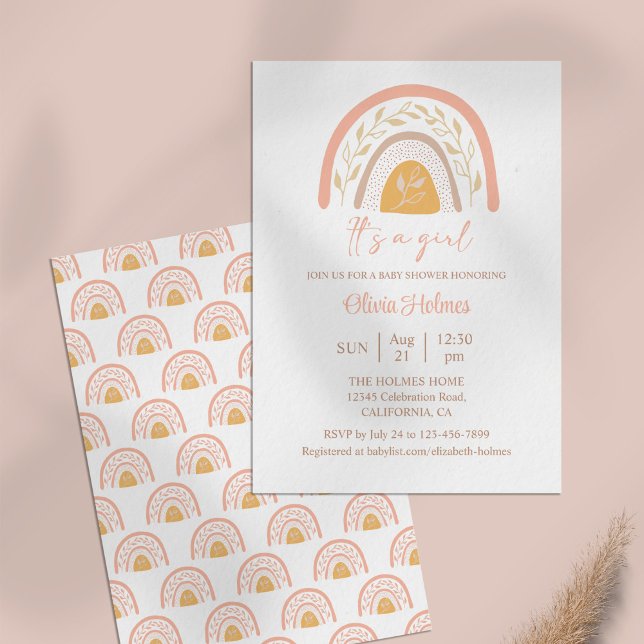 Convites Chá de fraldas Arco-Íris Rosa-Cor-de-Água-Boho (Boho Watercolor Pink Rainbow Baby Shower Invitation on a pale pink table.)
