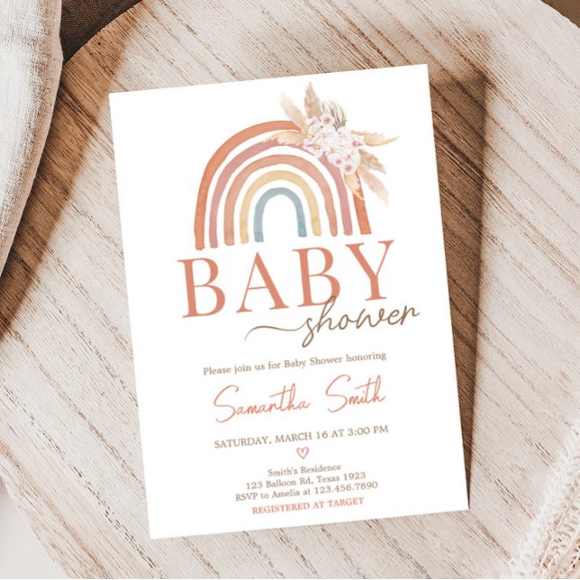 Convites Chá de fraldas Arco-Íris Rosa Pampas Grass (Girl Boho Rainbow Baby Shower Invitation)