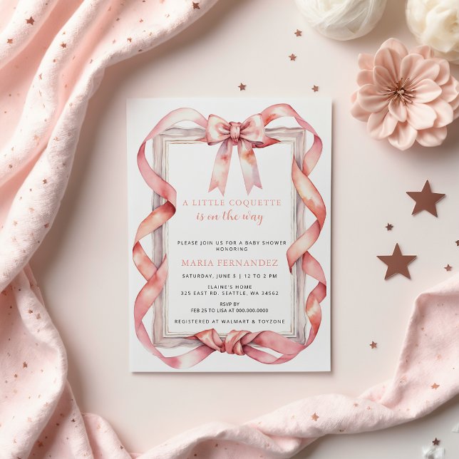Convites Chá de fraldas Arco Rosa rico Coquette Chic (Fancy Chic Coquette Pink Bow Girl Baby Shower Invitation)