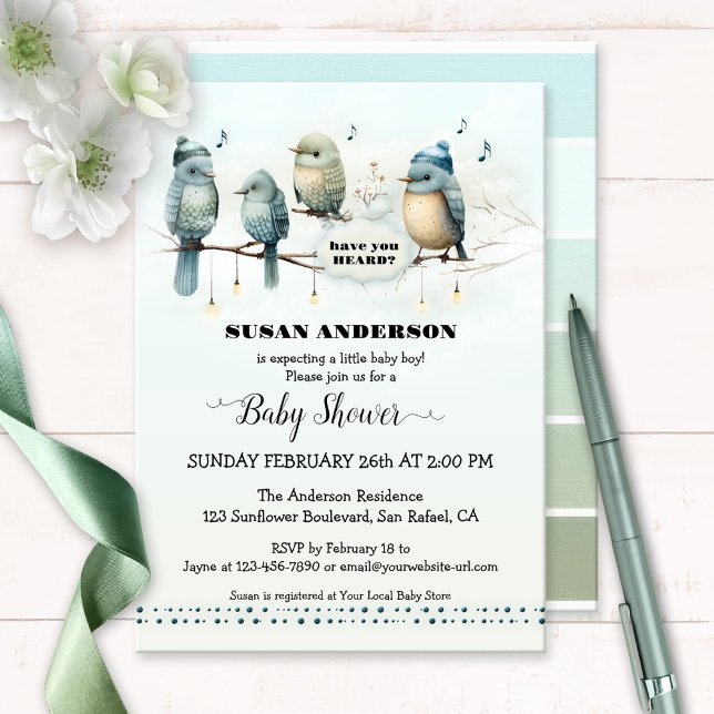 Convites Chá de fraldas Artístico Da Música Cute Bird (Baby shower invitation featuring artistic cute birds singing about the soon to arrive baby boy)