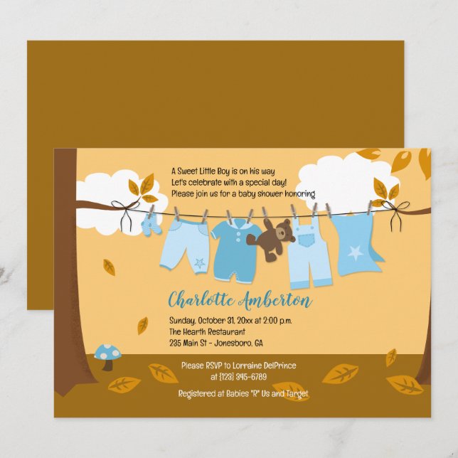 Convites Chá de fraldas Autumn Baby Clothesline Blue BOY 5x (Frente/Verso)