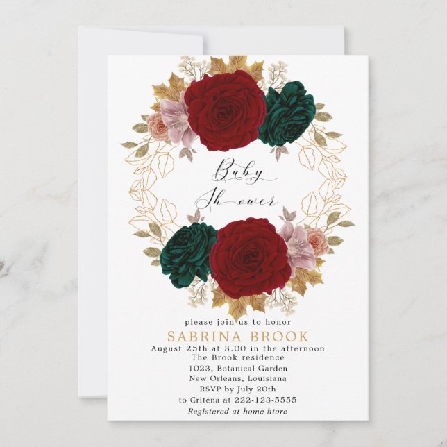 Convites Chá de fraldas Autumnal Burgundy Emerald Greeny (Frente)