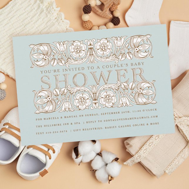 Convites Chá de fraldas Azul Antiquado Ornamentos Florais (Criador carregado)