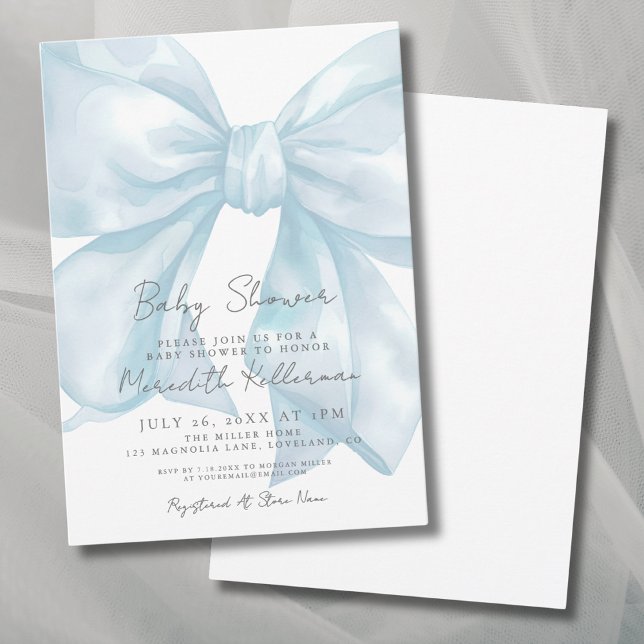 Convites Chá de fraldas azul-Arco Elegante (Elegant Light Blue Bow Baby Shower Invitation)