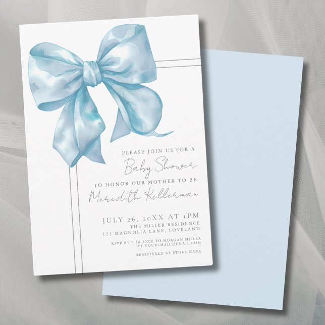 Convites Chá de fraldas azul-Arco Elegante (Elegant Light Blue Bow Baby Shower Invitation )