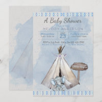 Chá de fraldas azul Boho Baby Elephant & Tipi