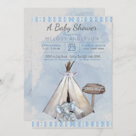 Convites Chá de fraldas azul Boho Baby Elephant & Tipi