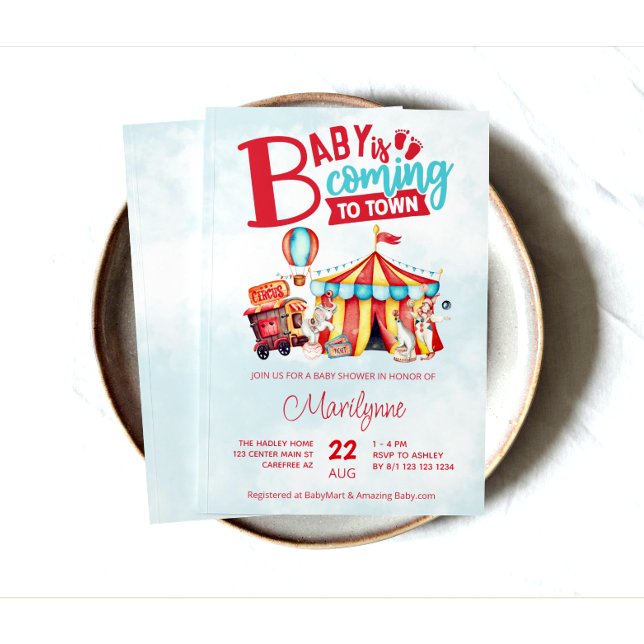 Convites Chá de fraldas Azul Circus do Carnaval (Criador carregado)