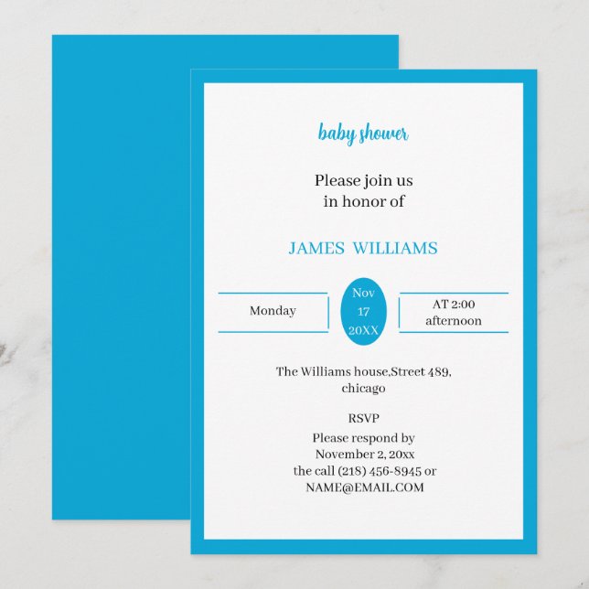 Convites Chá de fraldas Azul Claro Simples Personalizado (Frente/Verso)