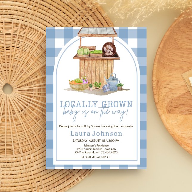 Convites Chá de fraldas azul cultivado localmente (Blue Locally Grown Farmers Market Baby Shower Invitation )