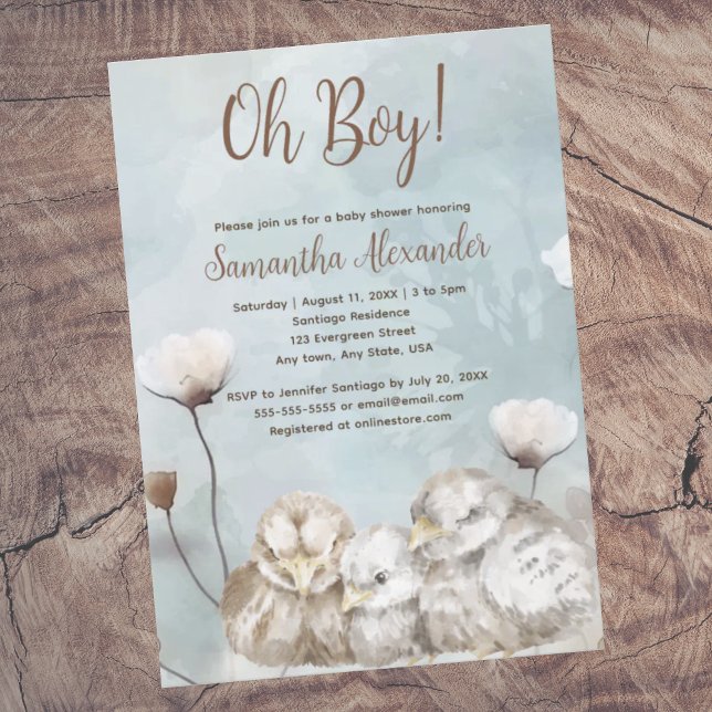 Convites Chá de fraldas azul de aquarela (Oh Boy! Blue boho watercolor duck parents with baby duck.  Baby  shower invitation.  Whimsical.)