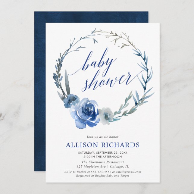 Convites Chá de fraldas azul de aquarela floral (Frente/Verso)